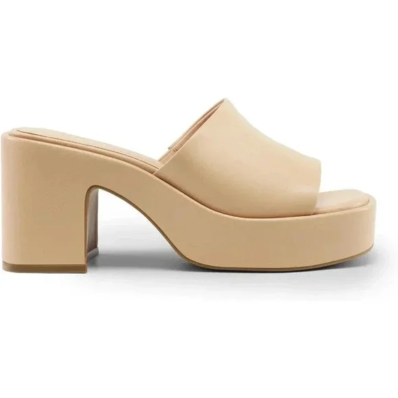 Women Tan Fashion Comfort Slip on Square Open  Toe Block Heel Sandals - Picture 2 of 6